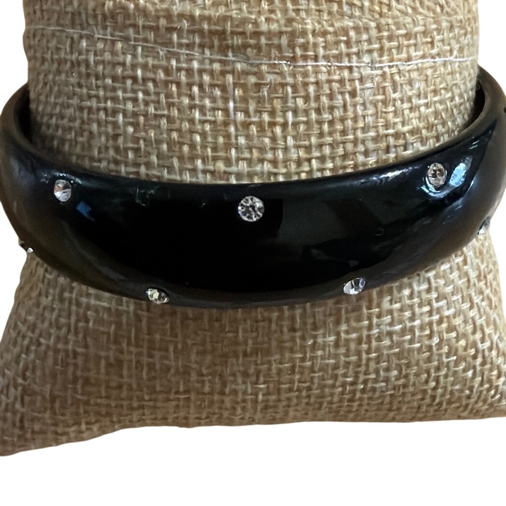 Black Resin Bangle Bracelet with Clear Rhinestone Accents Domed Evening